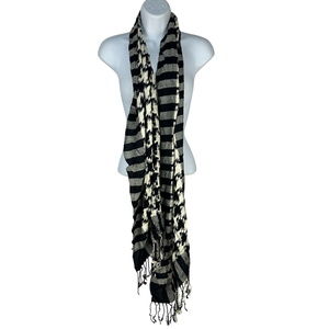 Black & White Striped & Houndstooth Viscose Scarf With Fringe